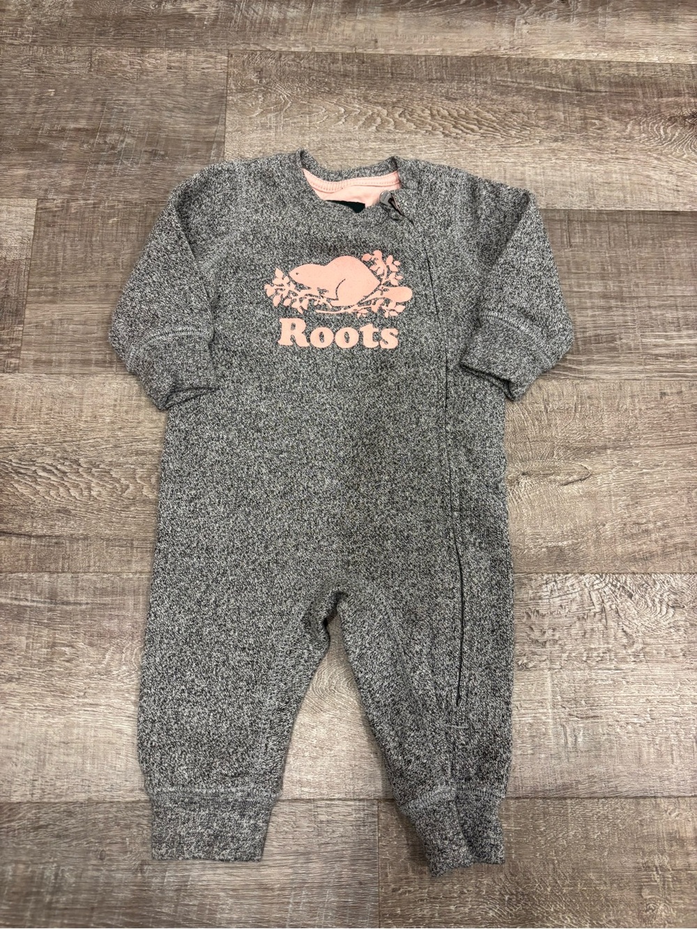 Roots Gray Kids One-Piece Footie with Pink Logo